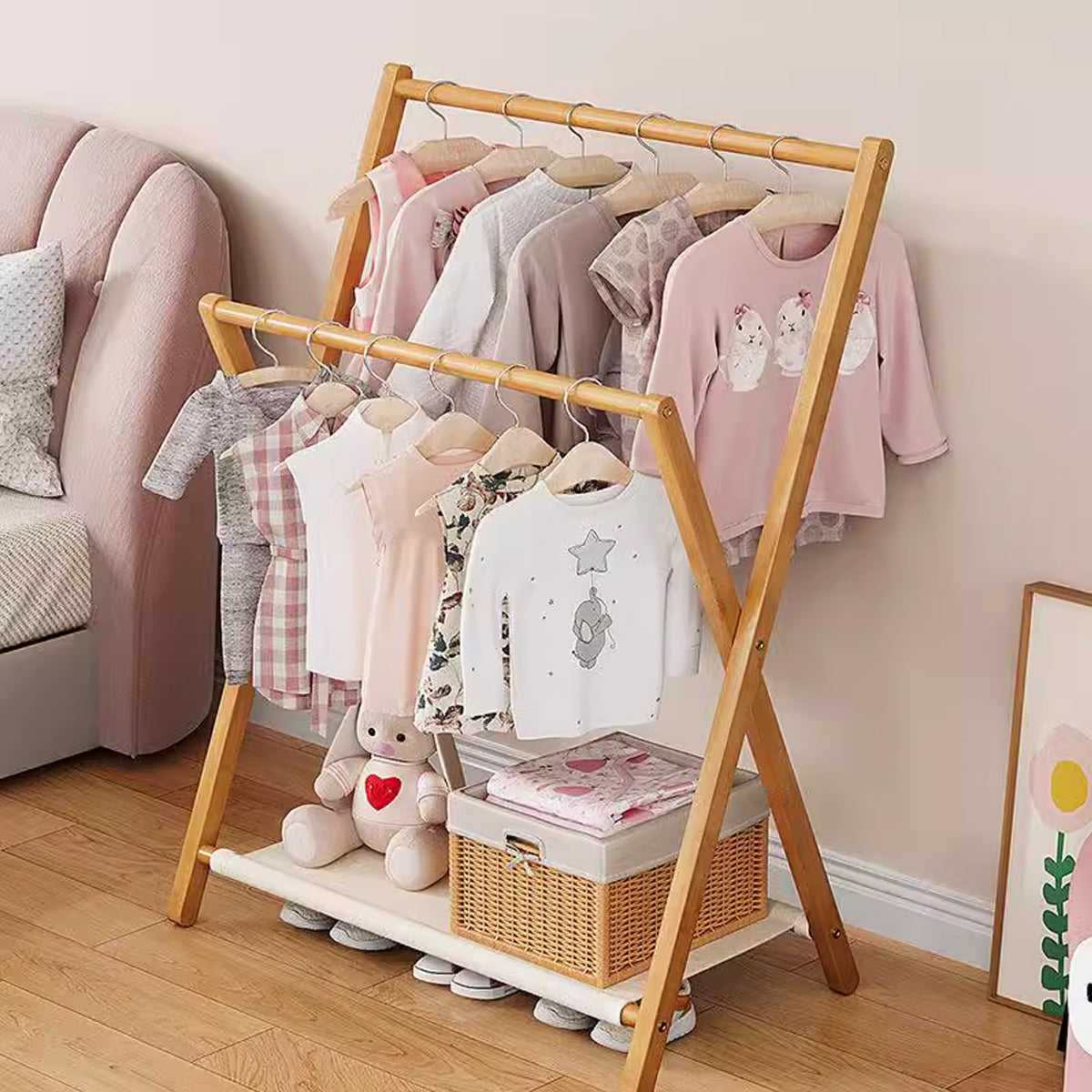 Foldable Bamboo Clothes Rack with Fabric Shelf