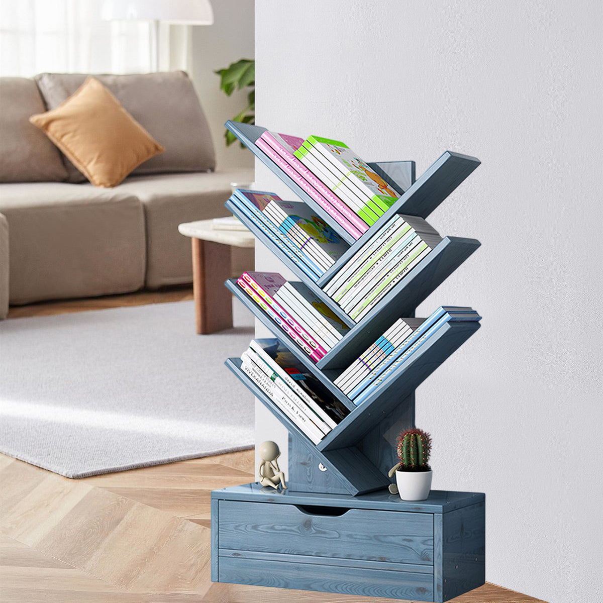 Multi Tier Wooden Bookshelf with Drawer for Home Office