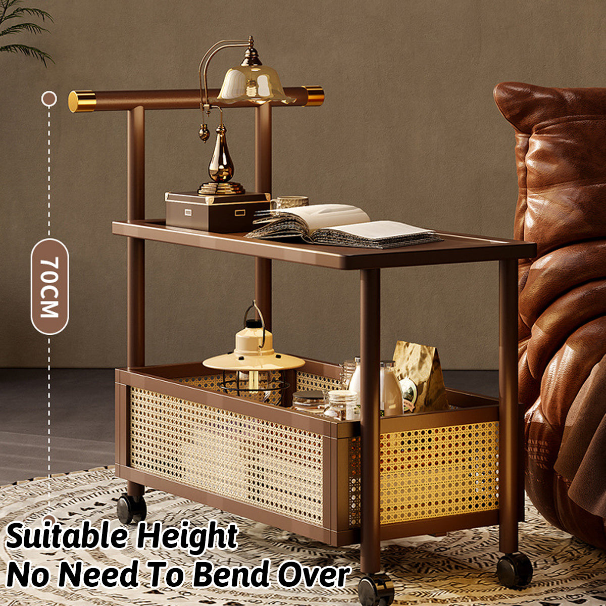 Bamboo Mobile Coffee Table with Wheels and Storage Shelf