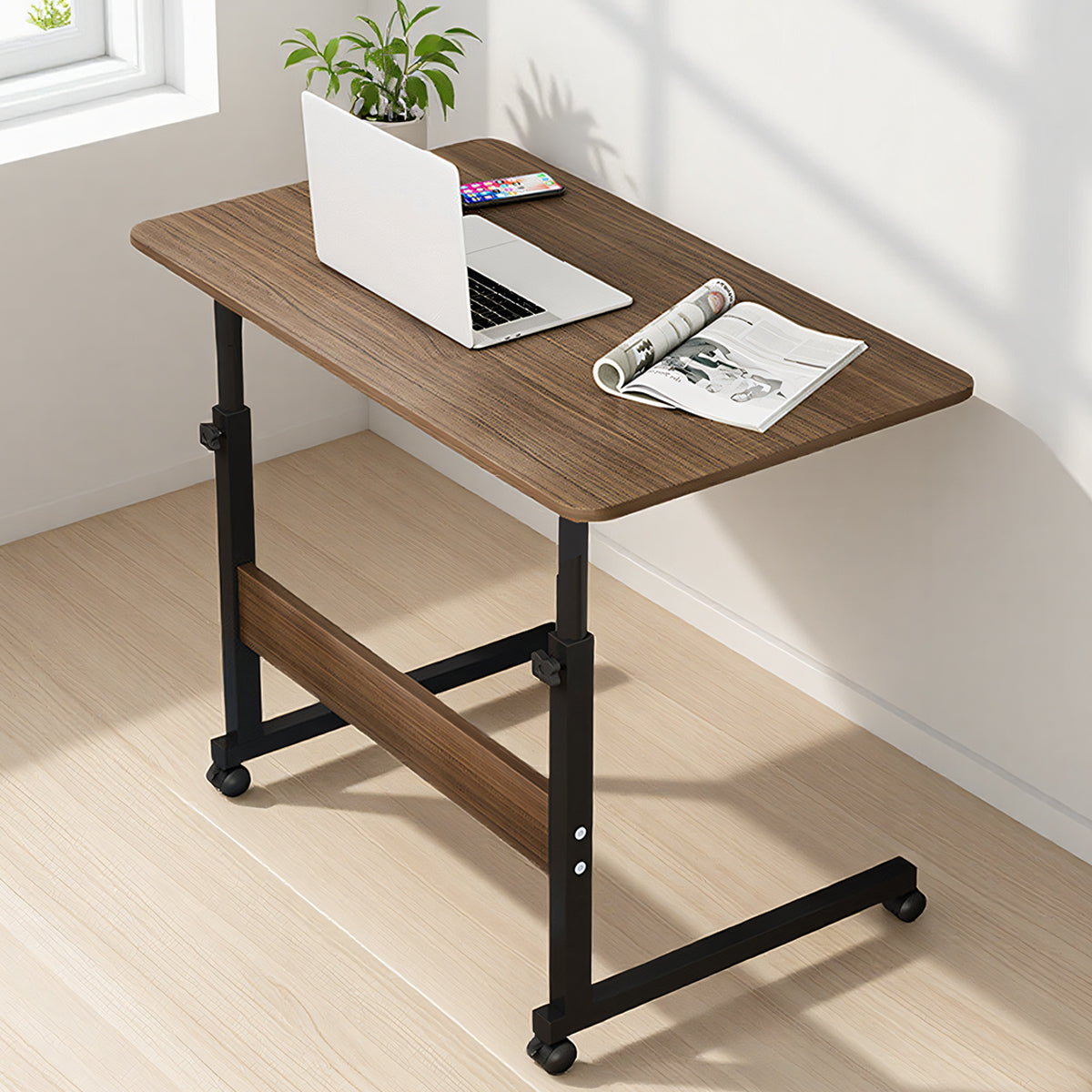 Mobile Bedside Table with Adjustable Height and Wooden-Tone Desktop