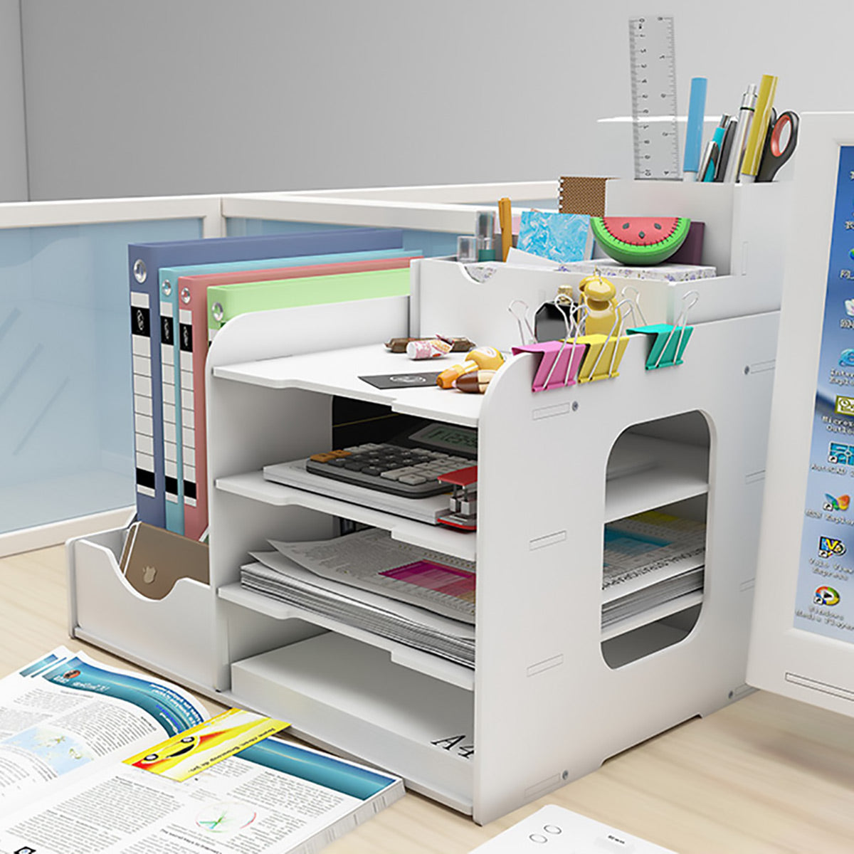 4 Tier Desktop File Organizer with Storage Compartments