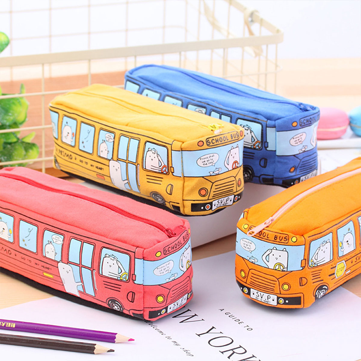 4 Pcs Cartoon Bus Pencil Case Large Capacity Washable Canvas