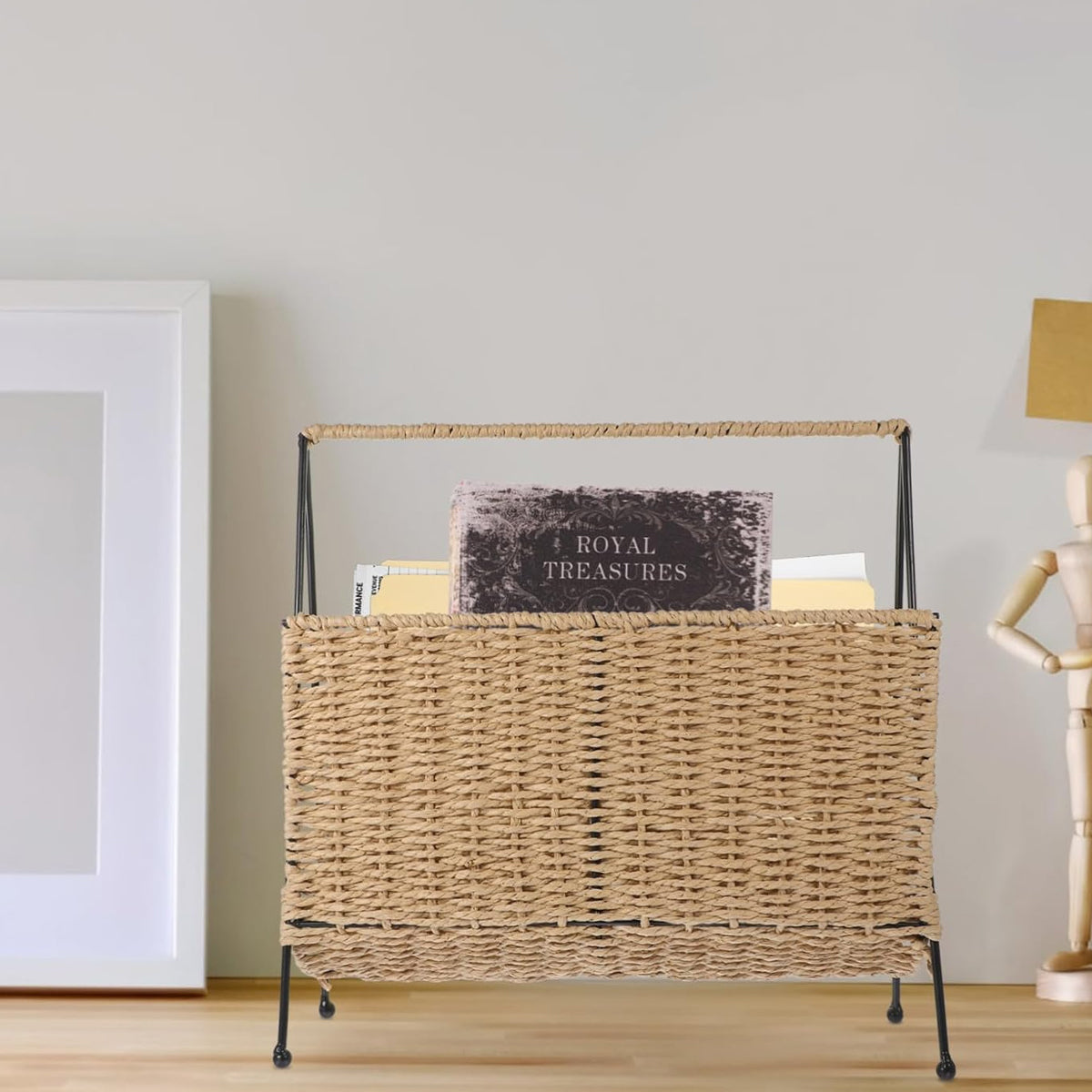 Hand-Woven Paper Rope Storage Basket with Iron Frame Natural