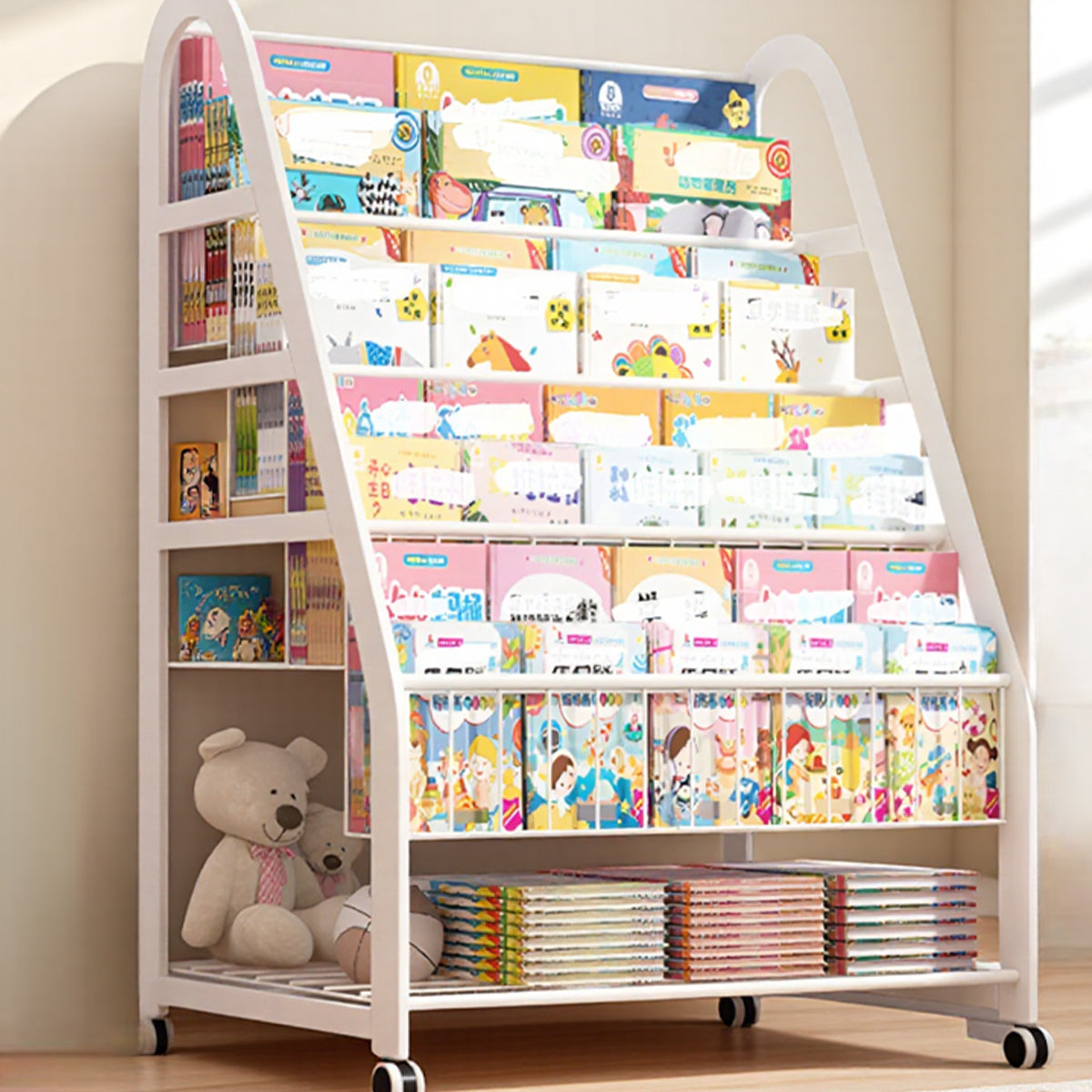 Kids Wooden Bookcase Multilayer Shelf with Wheels