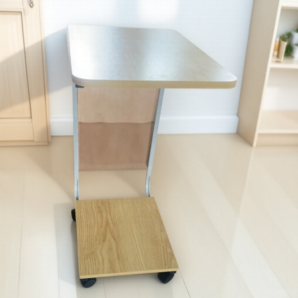 Mobile Side Table with Wheels and Magazine Pocket