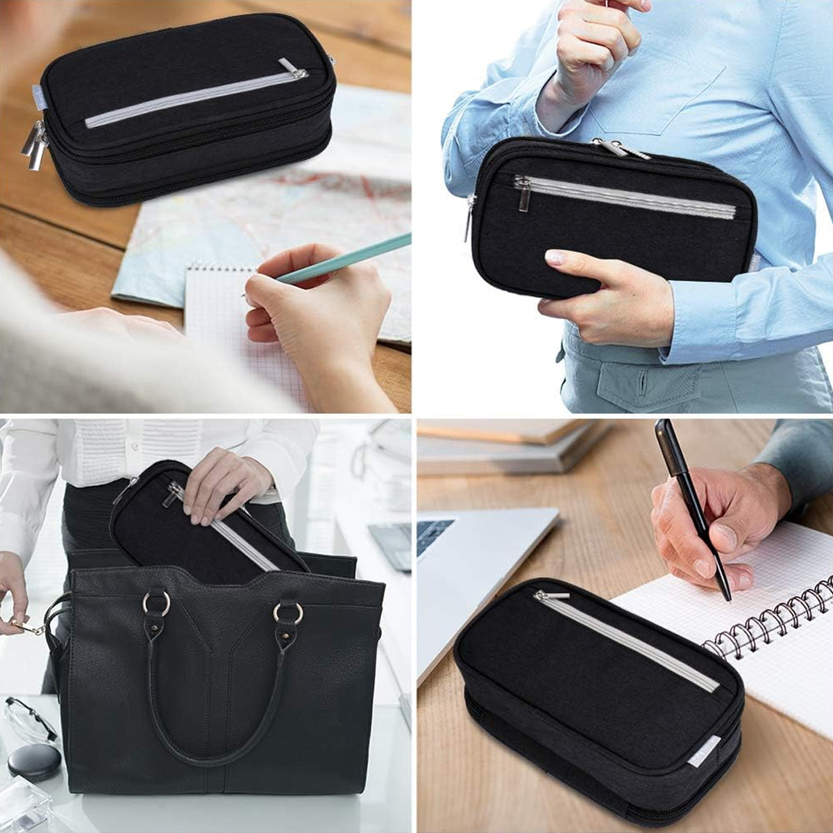 2 Pcs Large Capacity Pencil Case Waterproof 3 Layer Black Grey