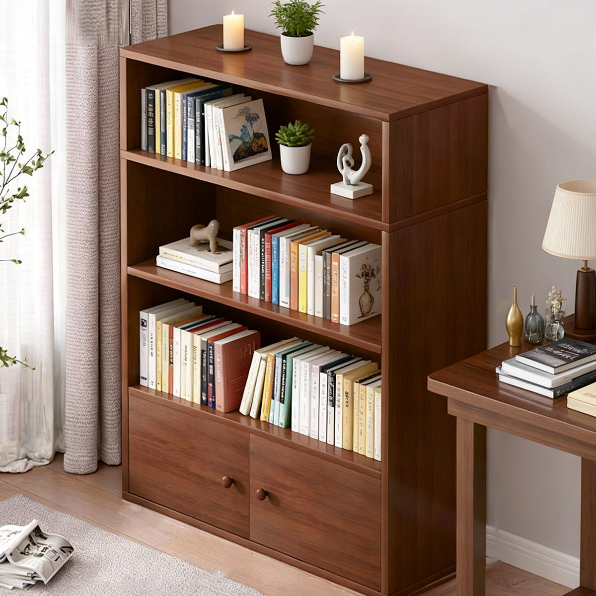 4-Tier Floor-Standing Bookshelf with Cabinet