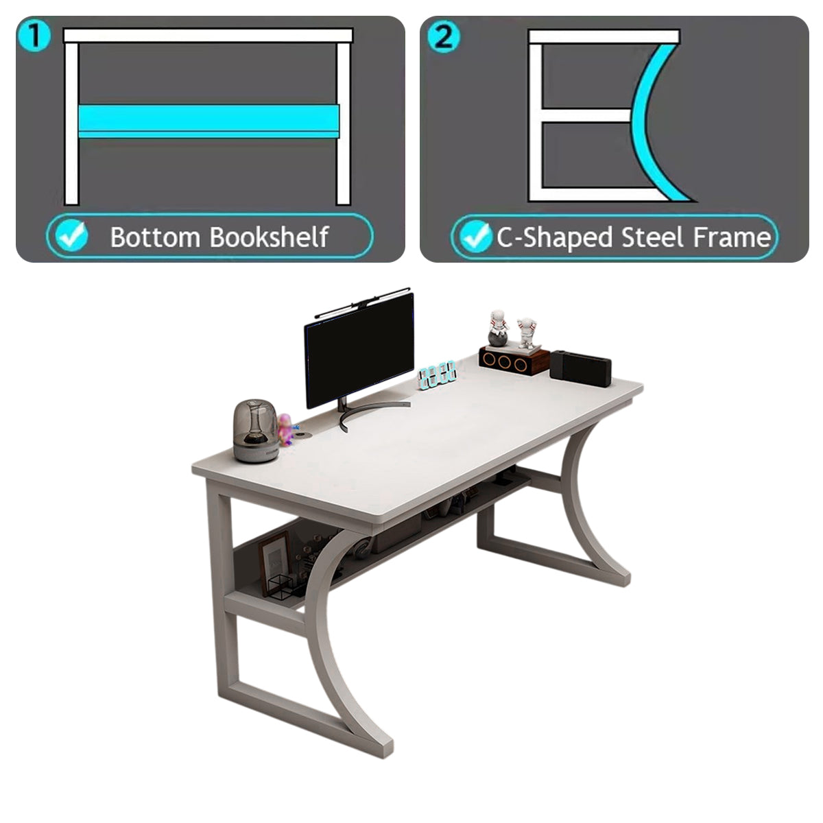 Desktop Computer Desk with Bookshelf and Sturdy Steel Frame for Home Office Study