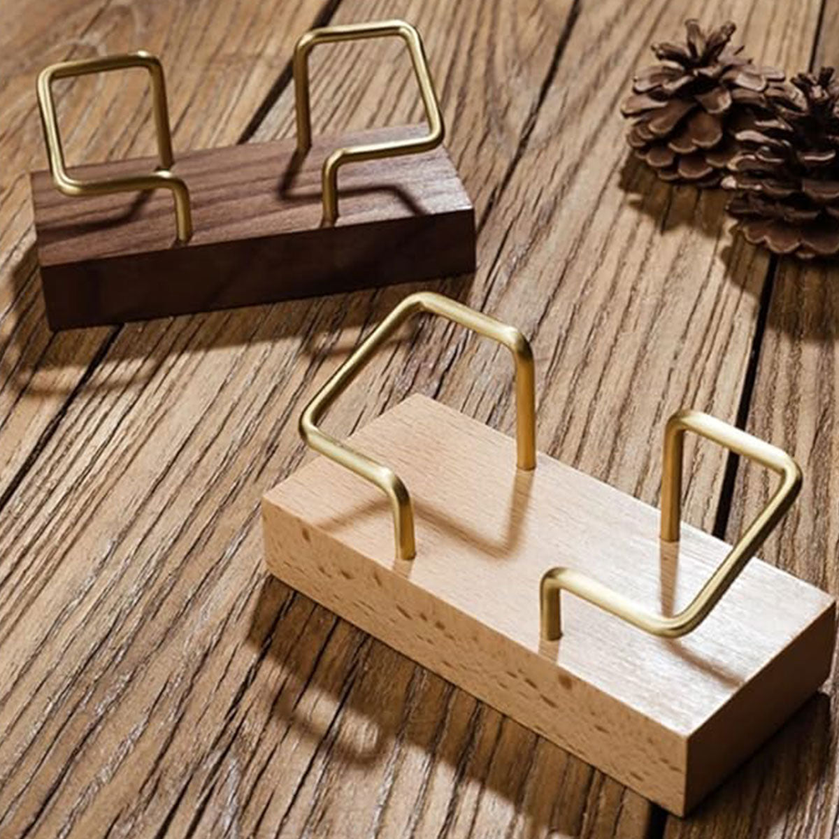 Wood Business Card Holder with Metal Frame Desk Organizer