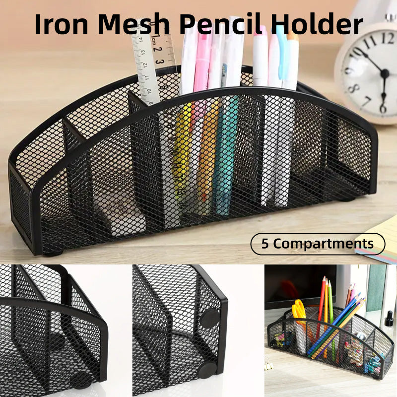 Metal Desktop Storage Box Multi-Compartment Pen Holder Black