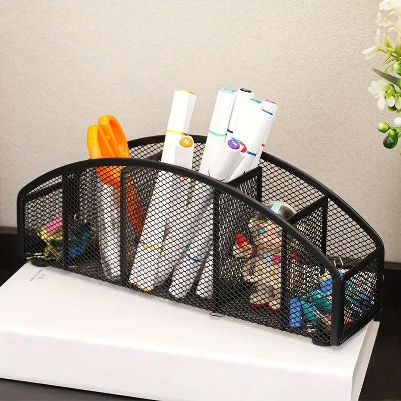 Metal Desktop Storage Box Multi-Compartment Pen Holder Black