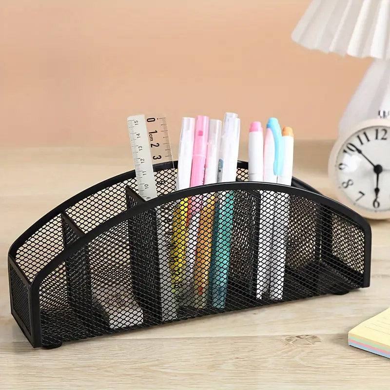 Metal Desktop Storage Box Multi-Compartment Pen Holder Black
