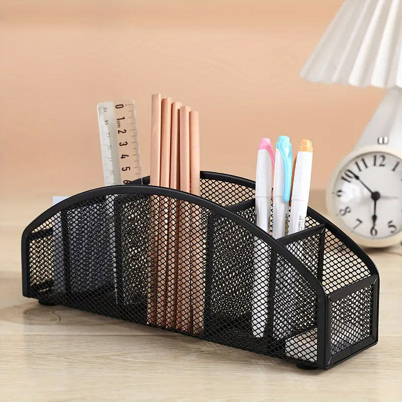 Metal Desktop Storage Box Multi-Compartment Pen Holder Black