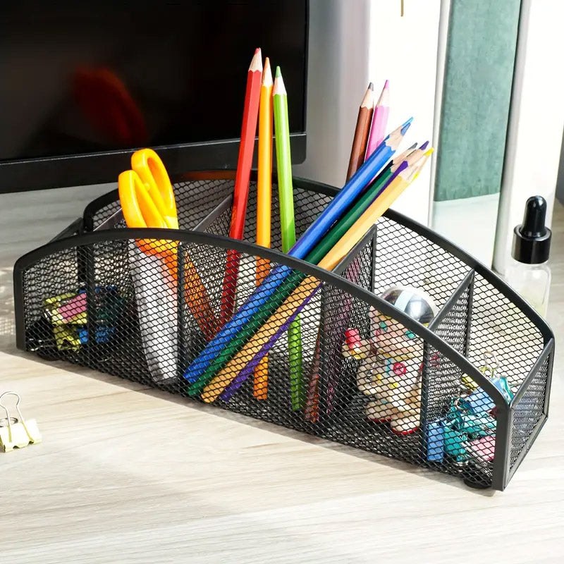 Metal Desktop Storage Box Multi-Compartment Pen Holder Black