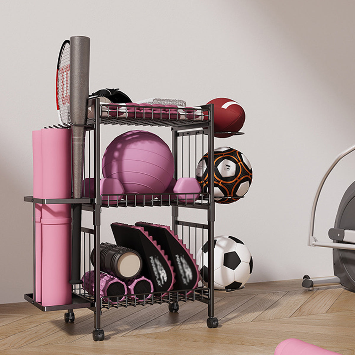 Sports Equipment Storage Rack on Wheels
