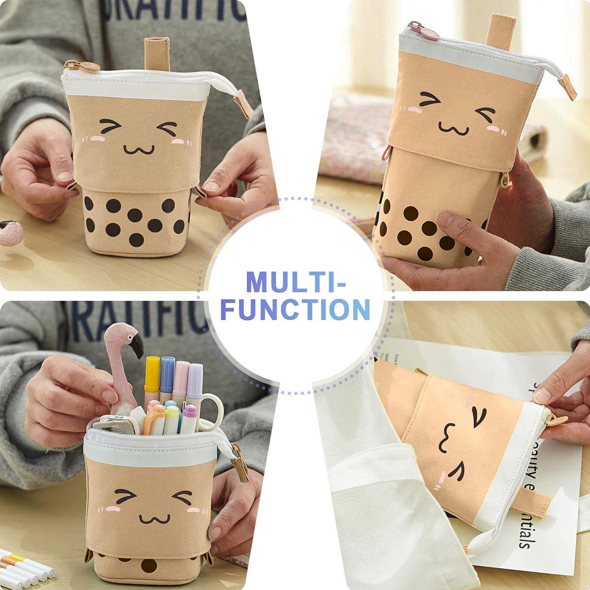 2 Pcs Bubble Tea Telescopic Pencil Case Canvas Beige Pink