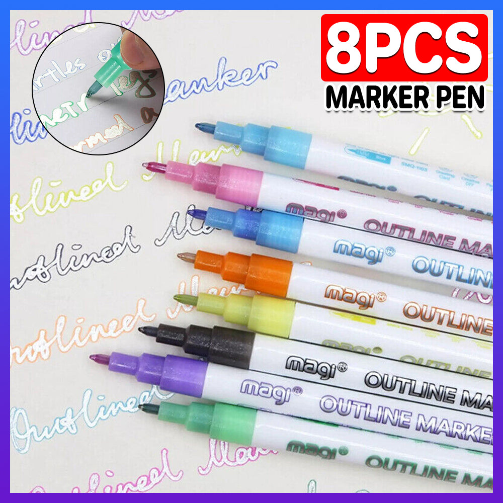 8PCS Multicolored Super Squiggles Outline Marker Pen Set