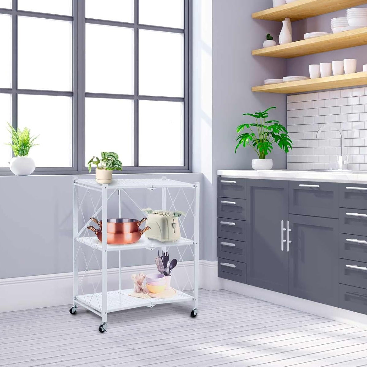 Metal Foldable Multi Layer Storage Rack with Rotating Wheels