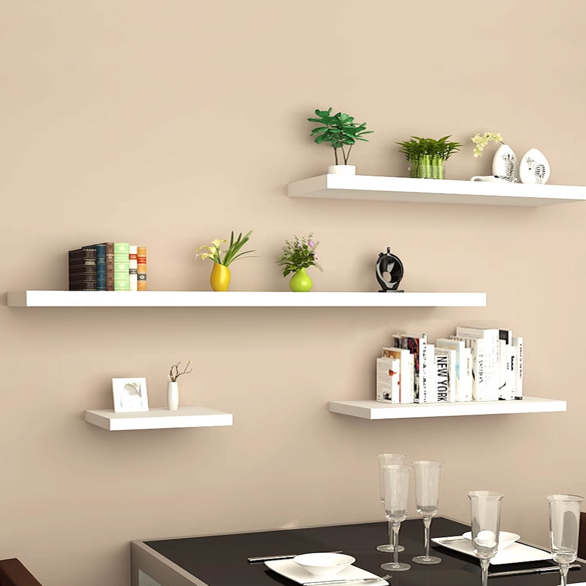 4 Pcs Wooden Floating Wall Shelves White Decorative Set