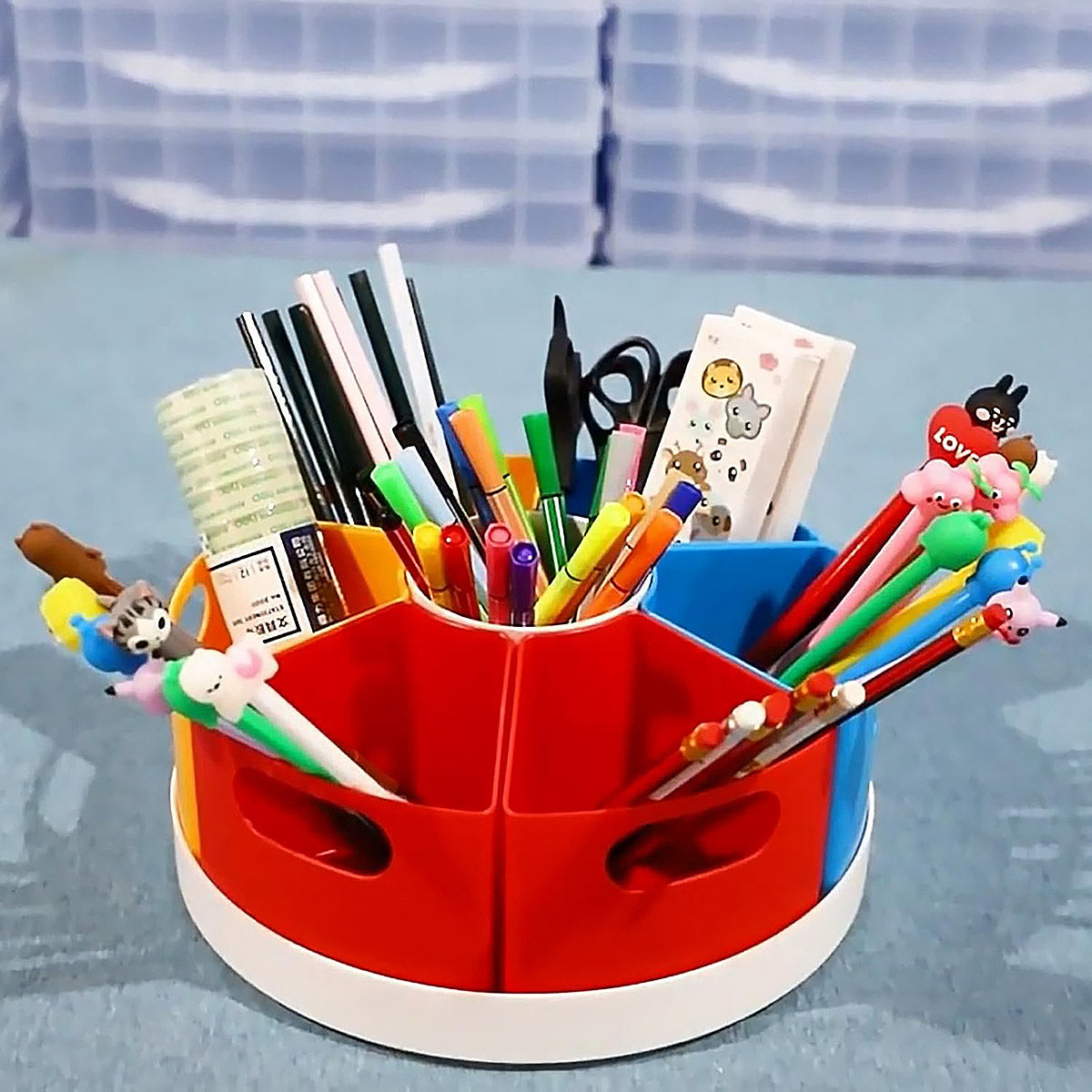 360 Degree Rotating Pen Holder Organiser 6 Compartments Plastic