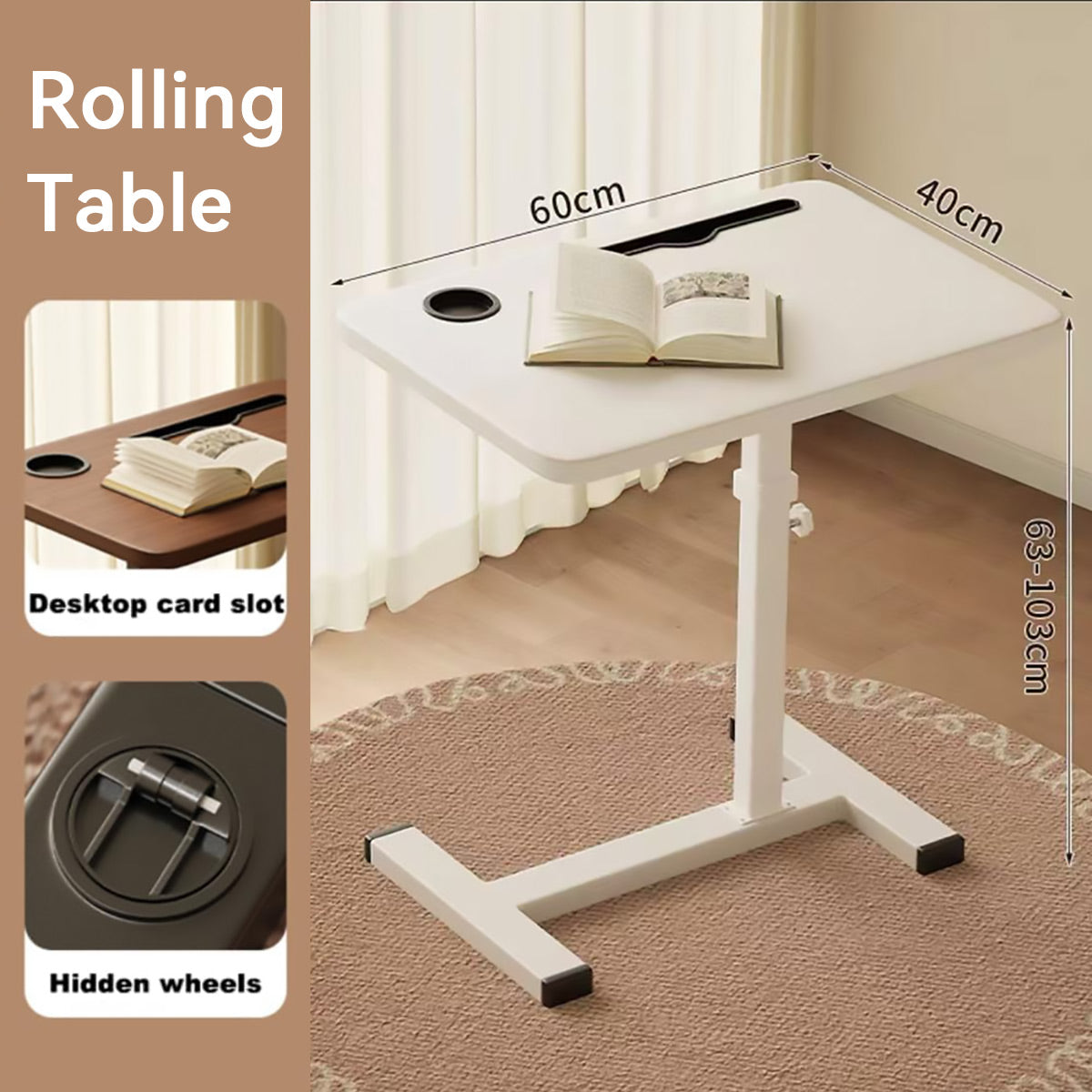 Rolling Bedside Table with Adjustable Height and Foldable Design