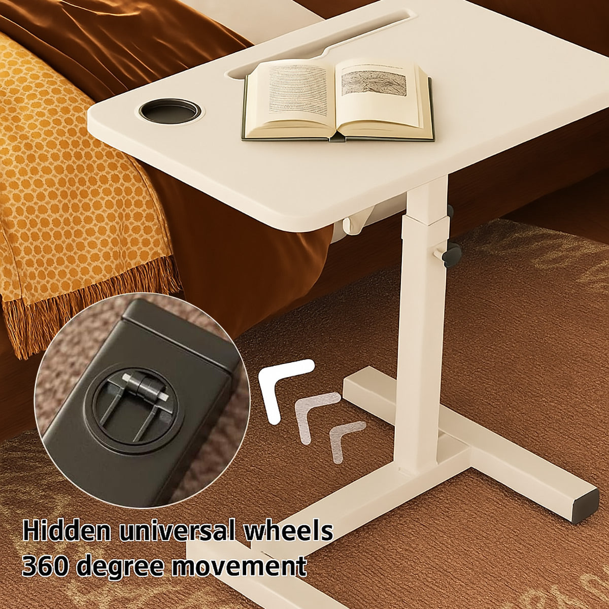 Rolling Bedside Table with Adjustable Height and Foldable Design