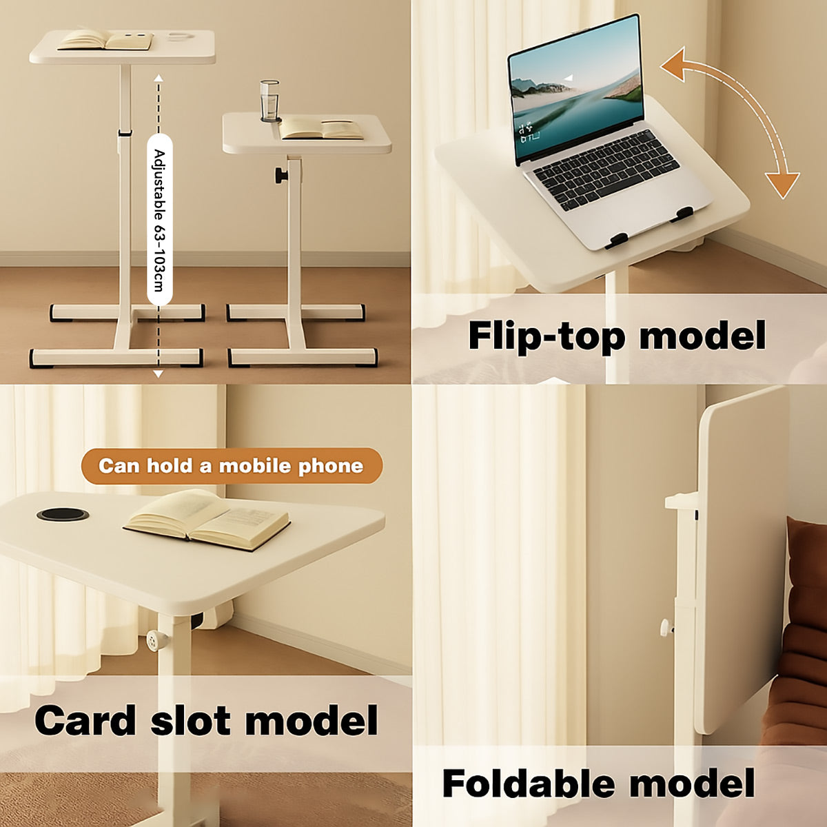 Rolling Bedside Table with Adjustable Height and Foldable Design