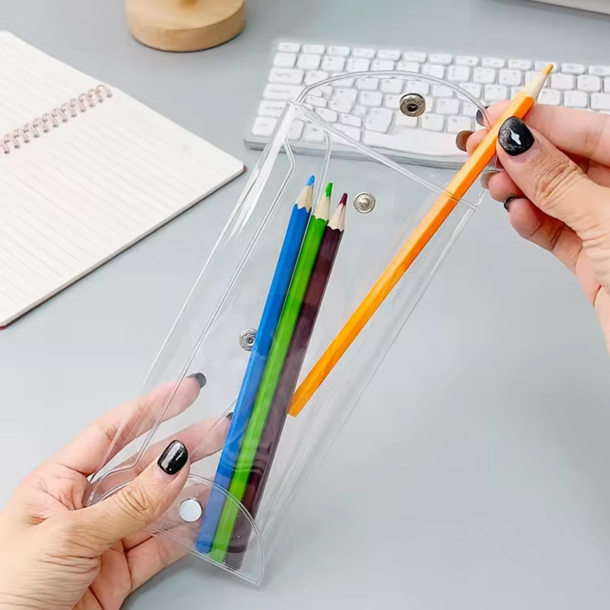 7 Pcs Transparent Pencil Bags PVC Snap Button Assorted Colours