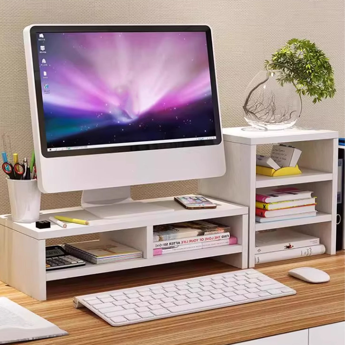 2 Pcs Monitor Riser and 3-Tier Desk Storage Rack White Wood