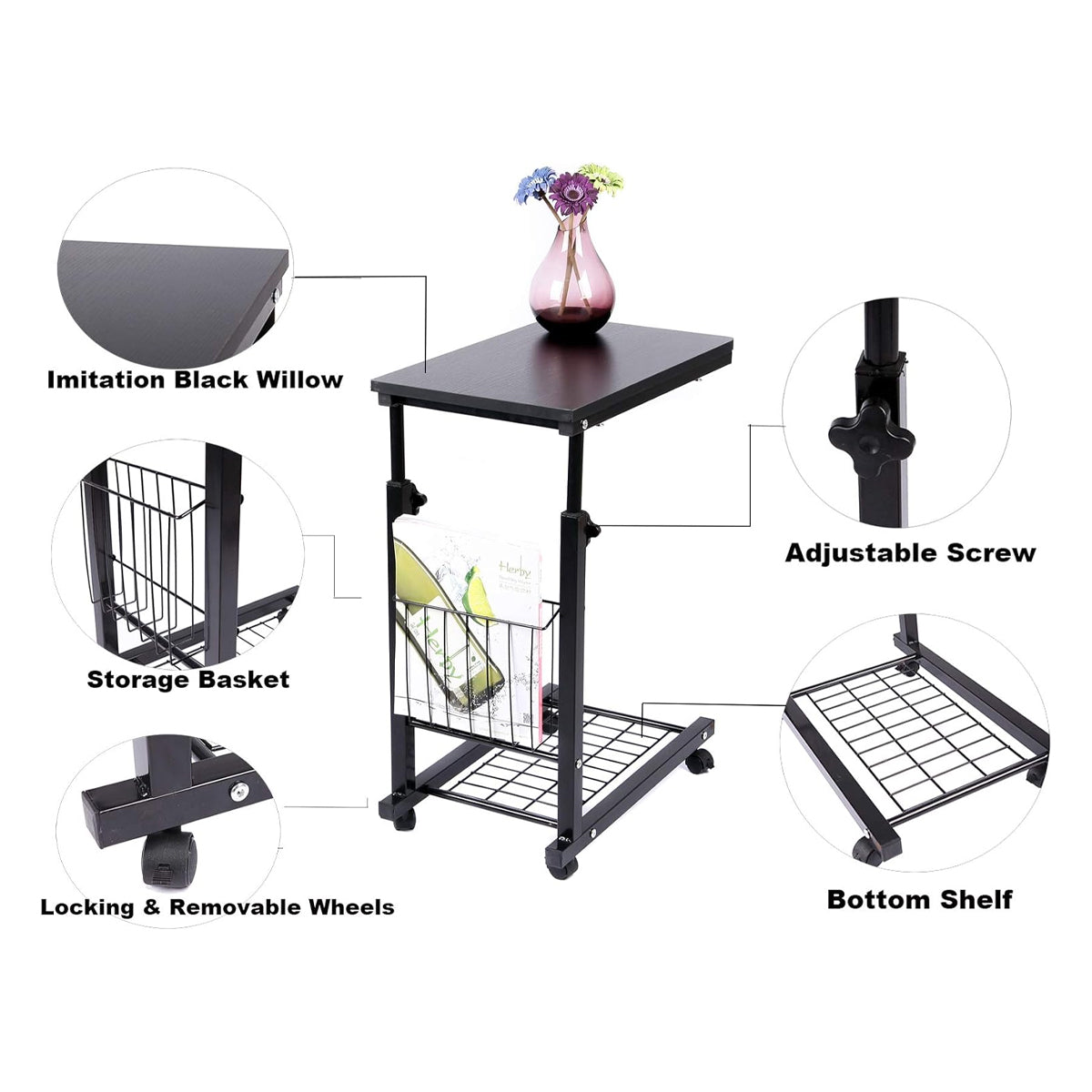 Mobile Adjustable Side Table with Storage Basket and Shelf