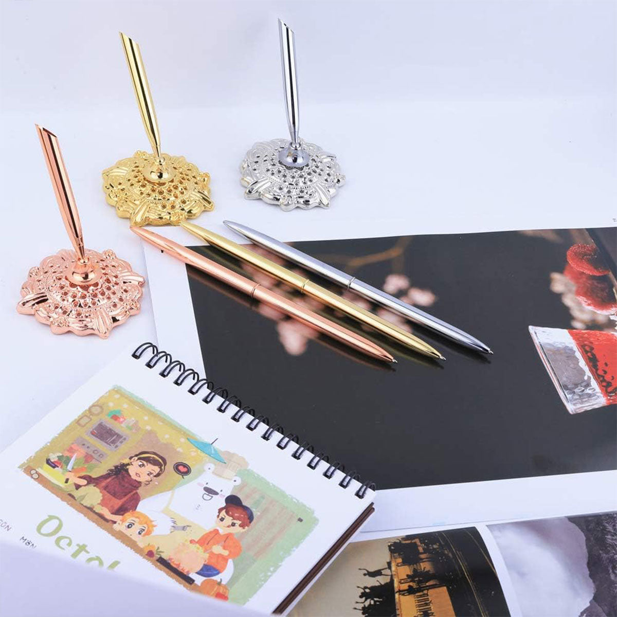 6 Pcs Ballpoint Pen Set with Plum Blossom Base Metal