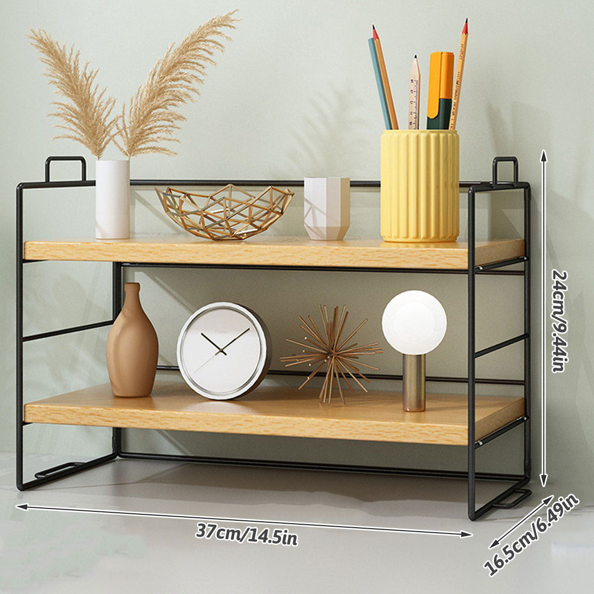 2-Tier Desktop Shelf Metal Frame and Wood Shelves