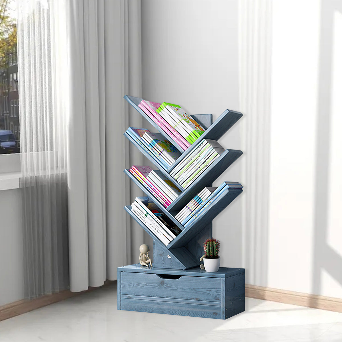 Multi Tier Wooden Bookshelf with Drawer for Home Office