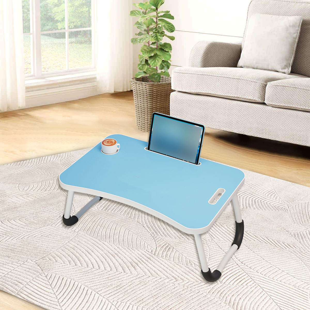 Foldable Bed Side Table with Cup Holder and Device Slot for Home Use
