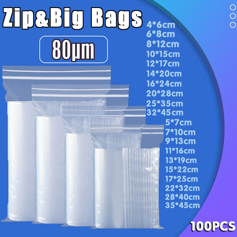 80μm Bulk Resealable Zip Bags PE Clear Plastic