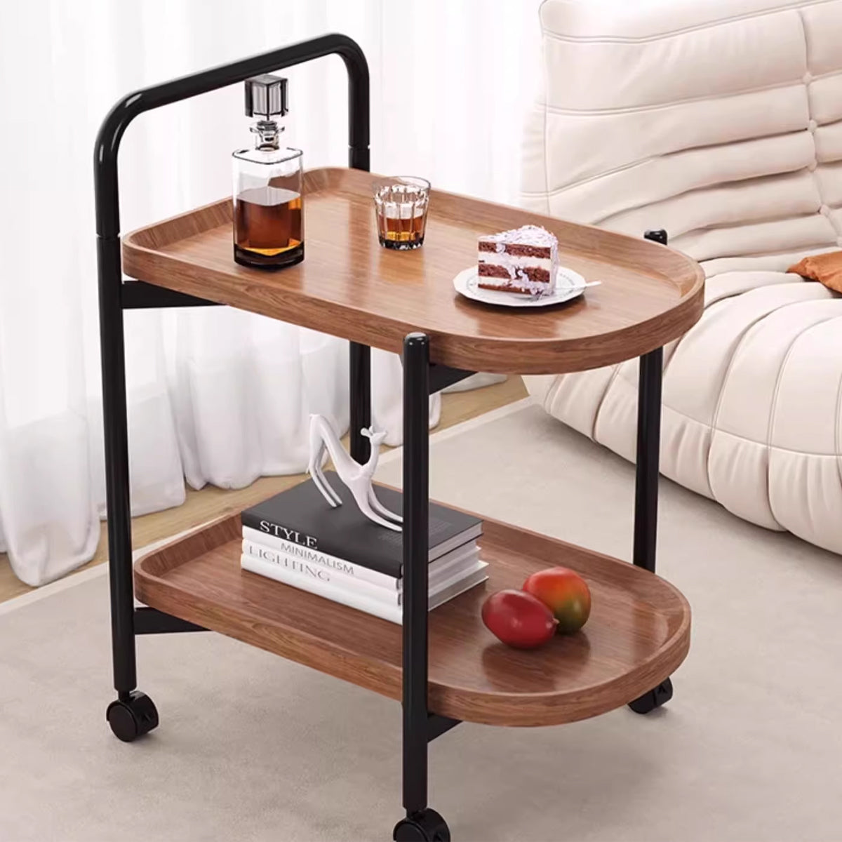 Movable Sofa Side Table Tea Trolley Shelf with Lockable Wheels