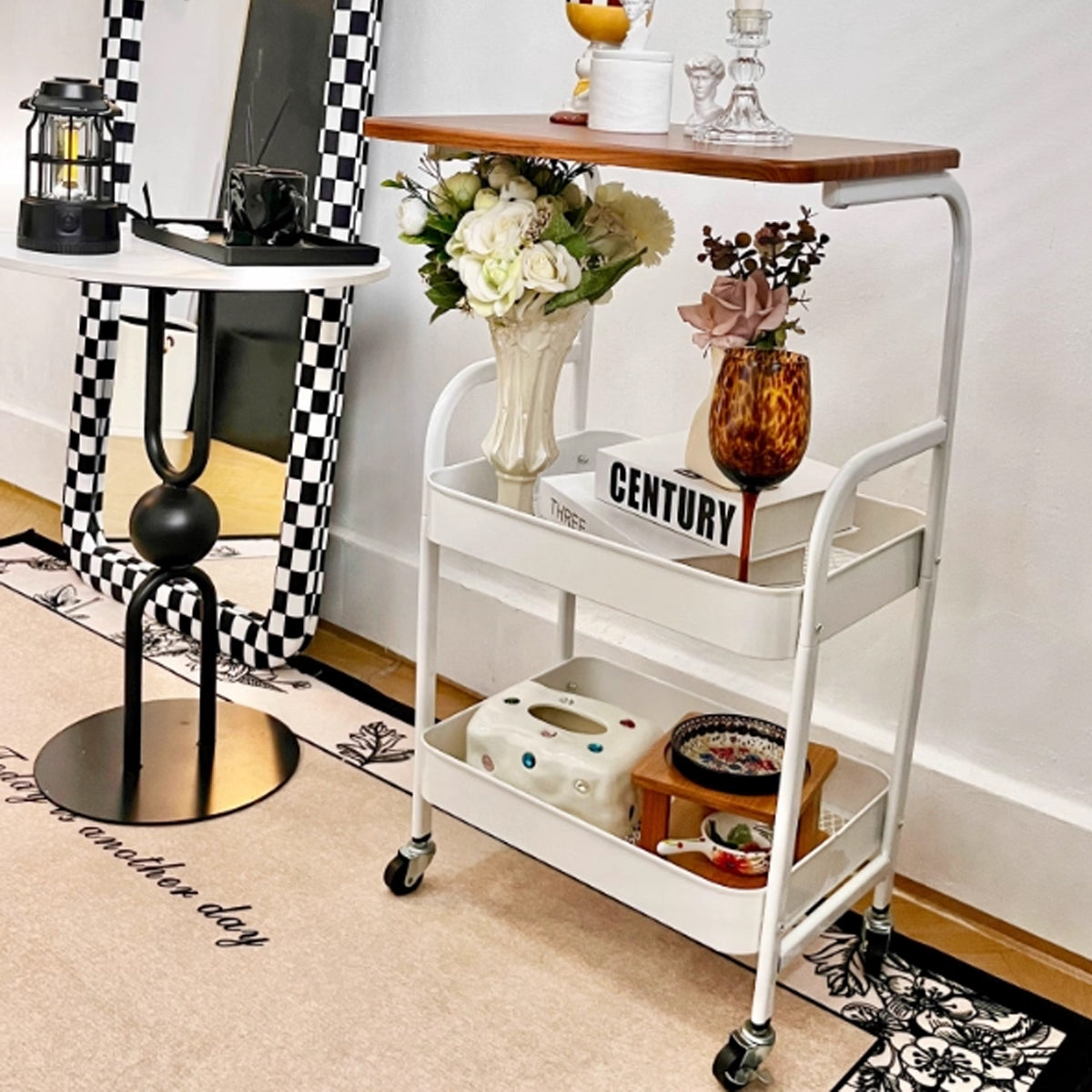 Multi Layer Coffee Table with Rolling Wheels Storage Rack