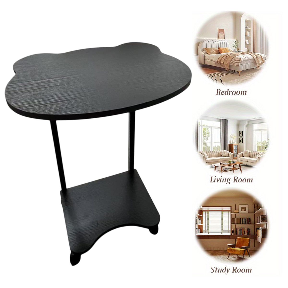 Black Mobile Side Table with Wheels Two Tier Storage Design