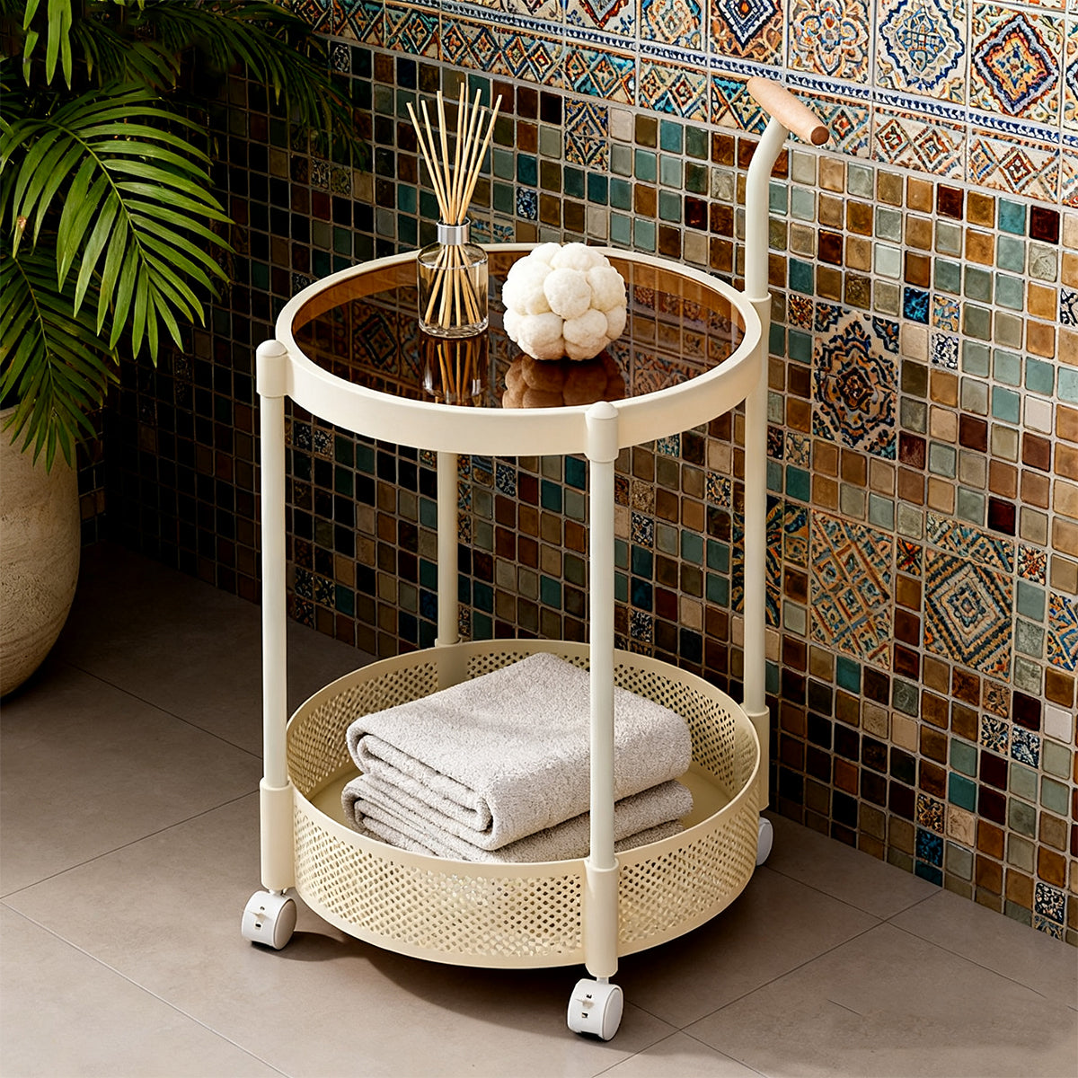 Movable Side Table with Rolling Caster Wheels 2 Tier Design