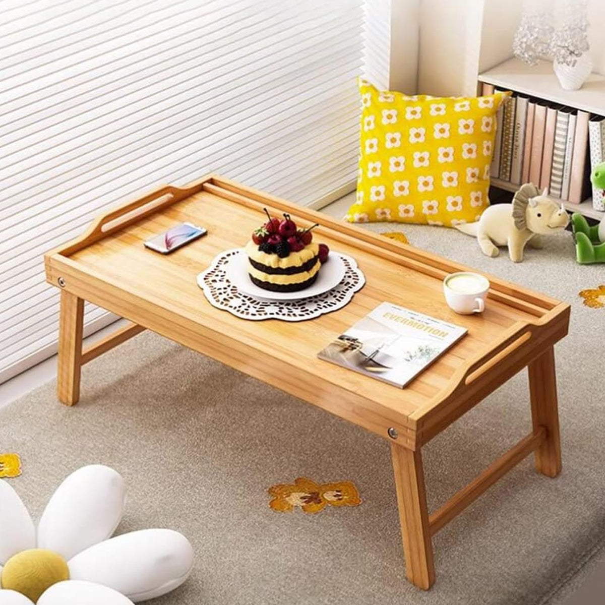 Folding Bamboo Bed Table Portable Laptop Desk with Card Slot