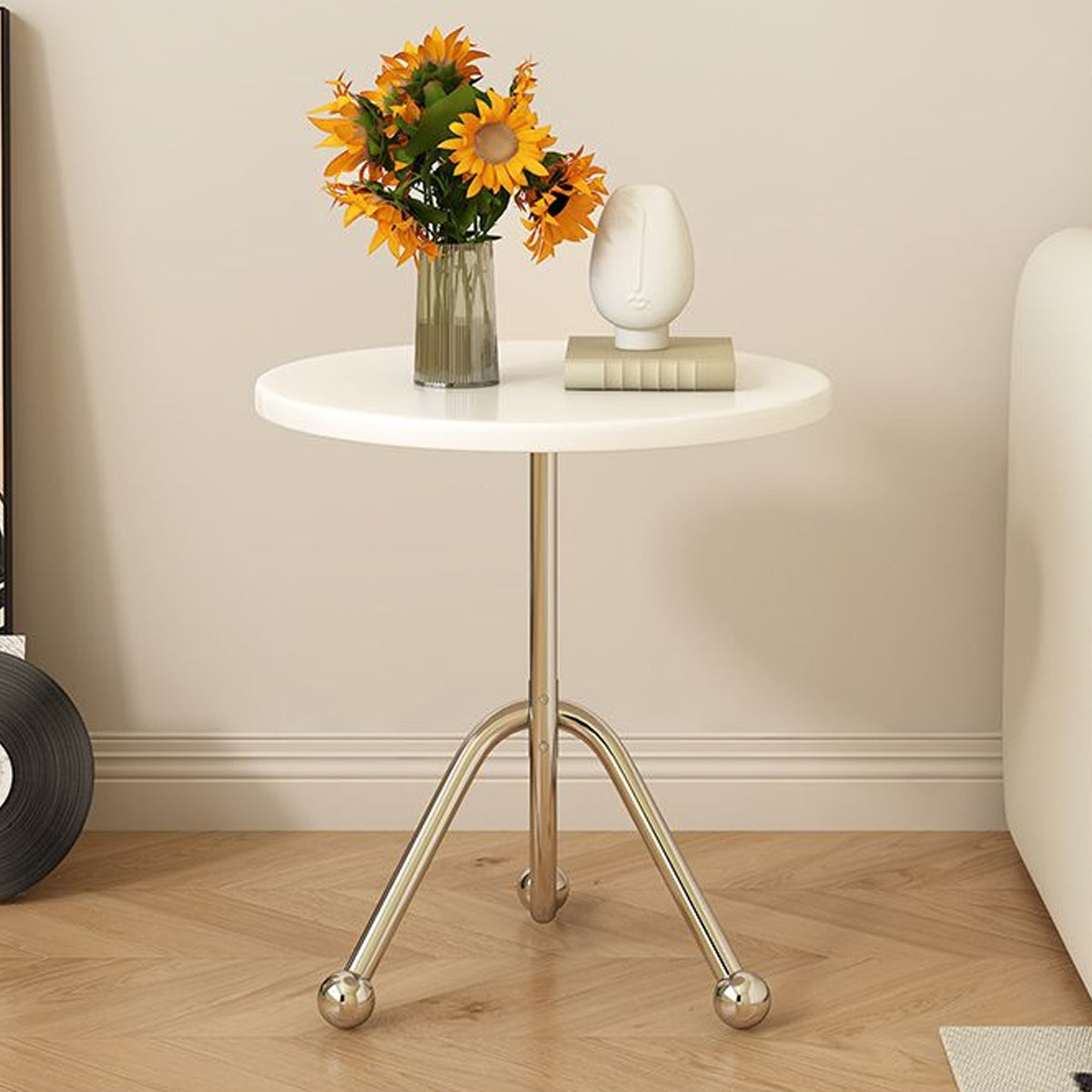 Round Side Table Stainless Steel Frame with Rubber Wood Top