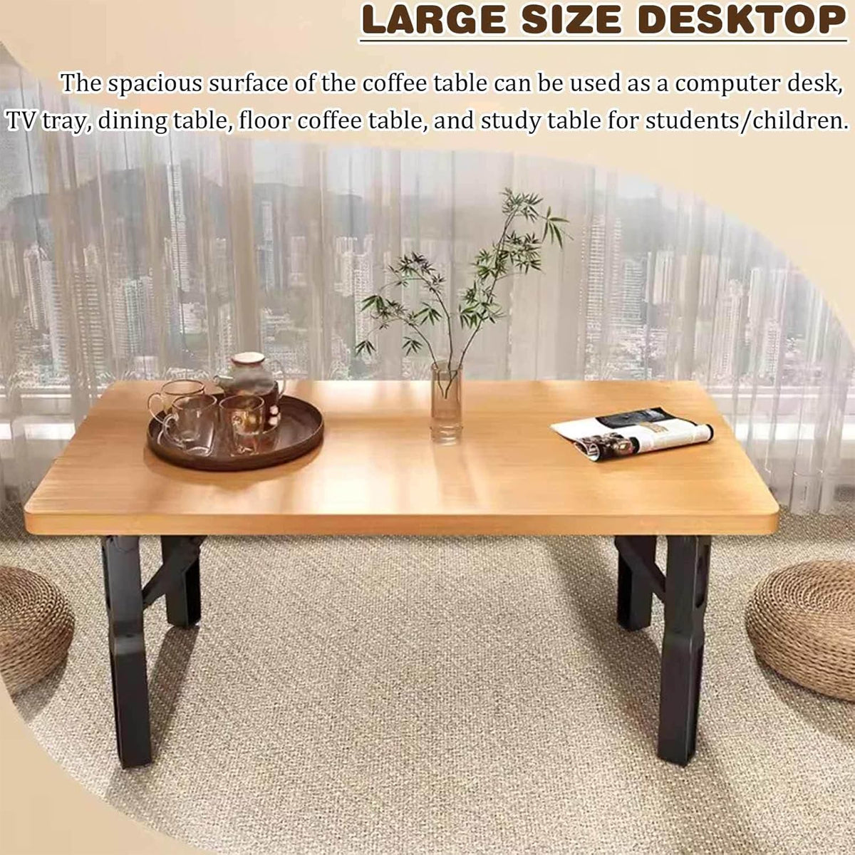 Foldable Small Square Table with Light Wood Top and Metal Legs