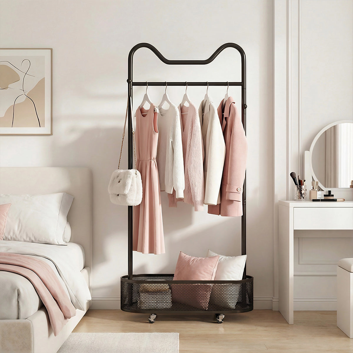 Moveable Clothes Rack with Wheels Basket and Hooks