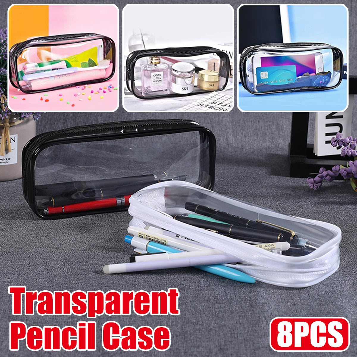 8 Pcs Transparent Pencil Case Set Waterproof PVC Black/White Zips