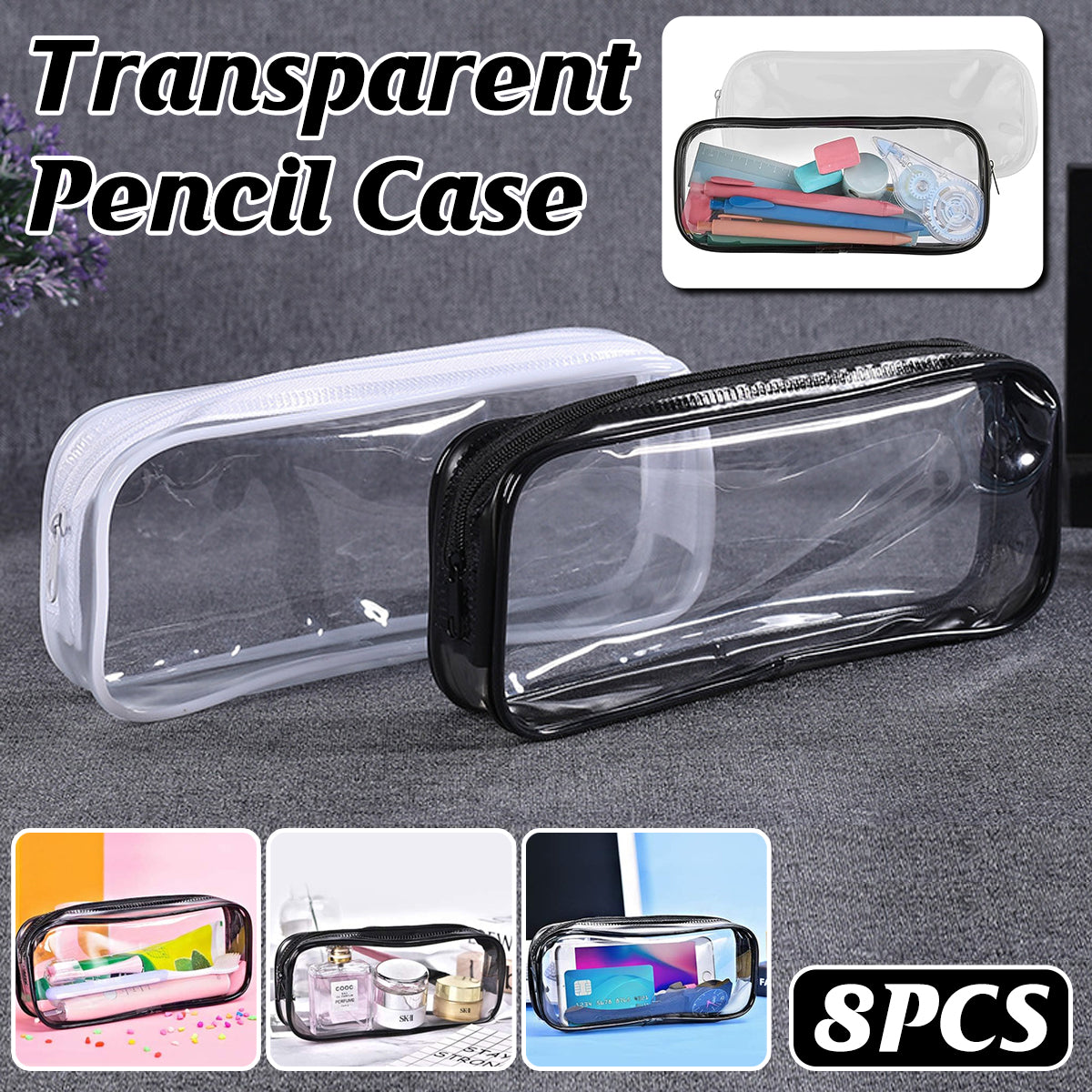 8 Pcs Transparent Pencil Case Set Waterproof PVC Black/White Zips
