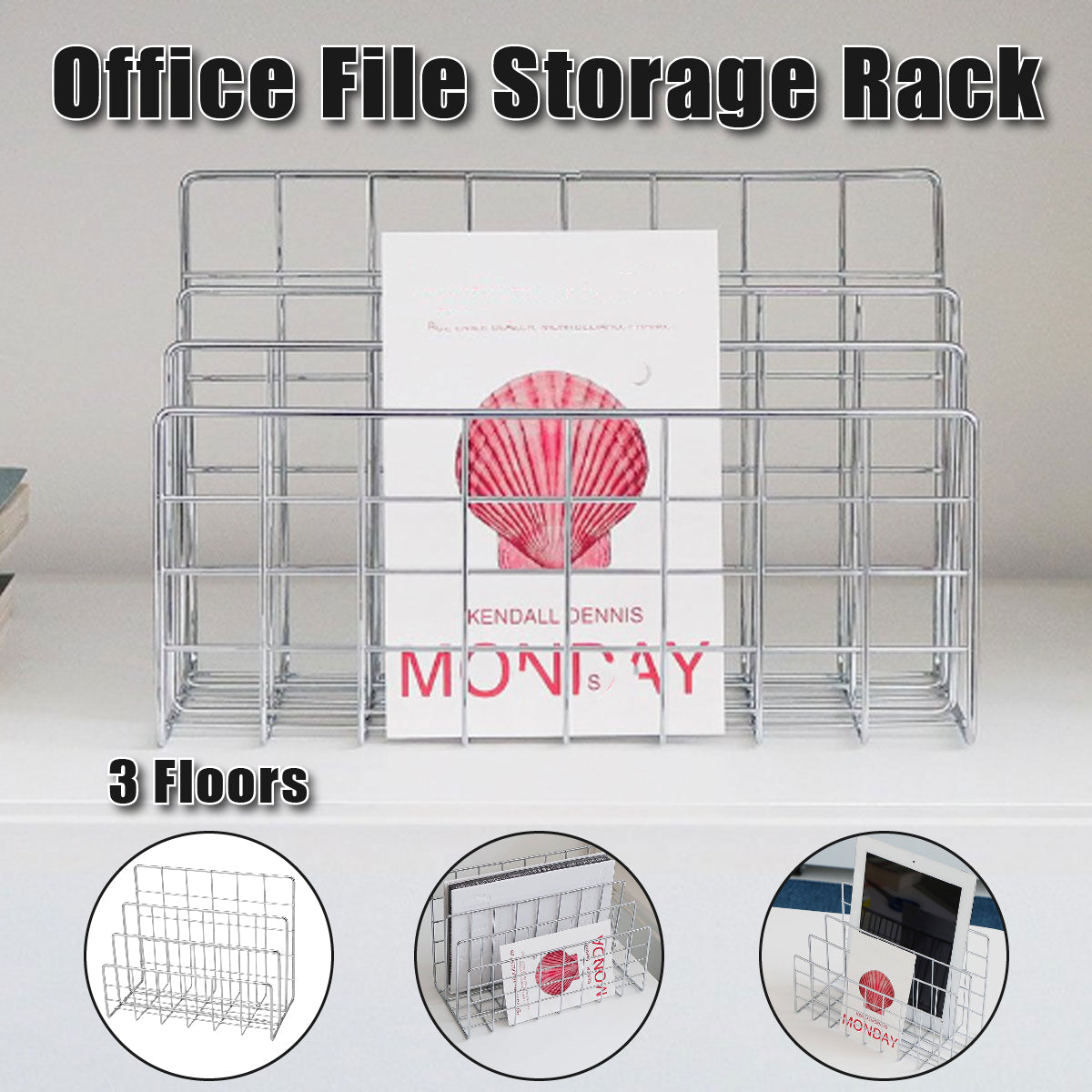 Three Layer Iron Document Organiser Rack Space Saving Silver Finish