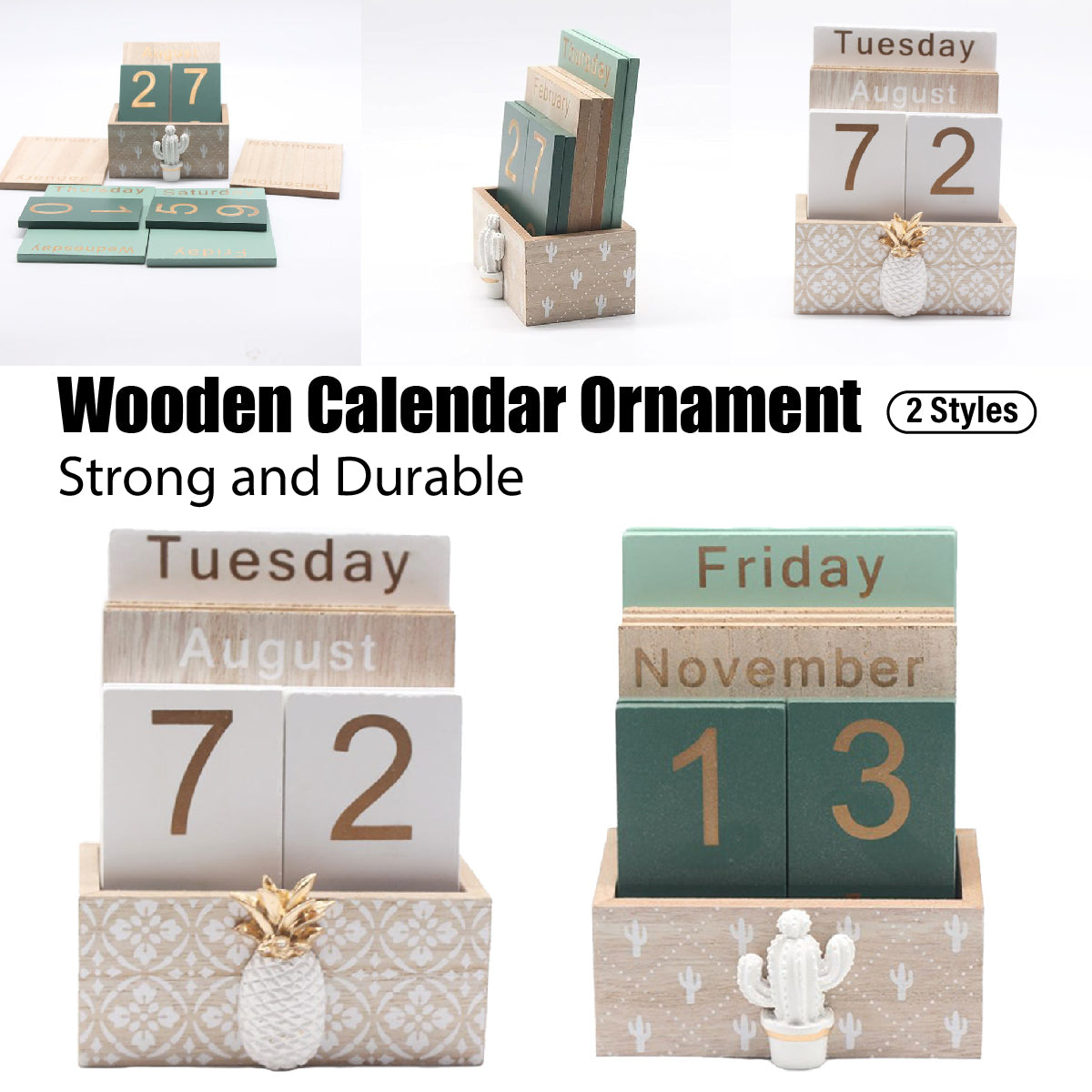 Wooden Perpetual Desk Calendar Retro Block Desktop Decor