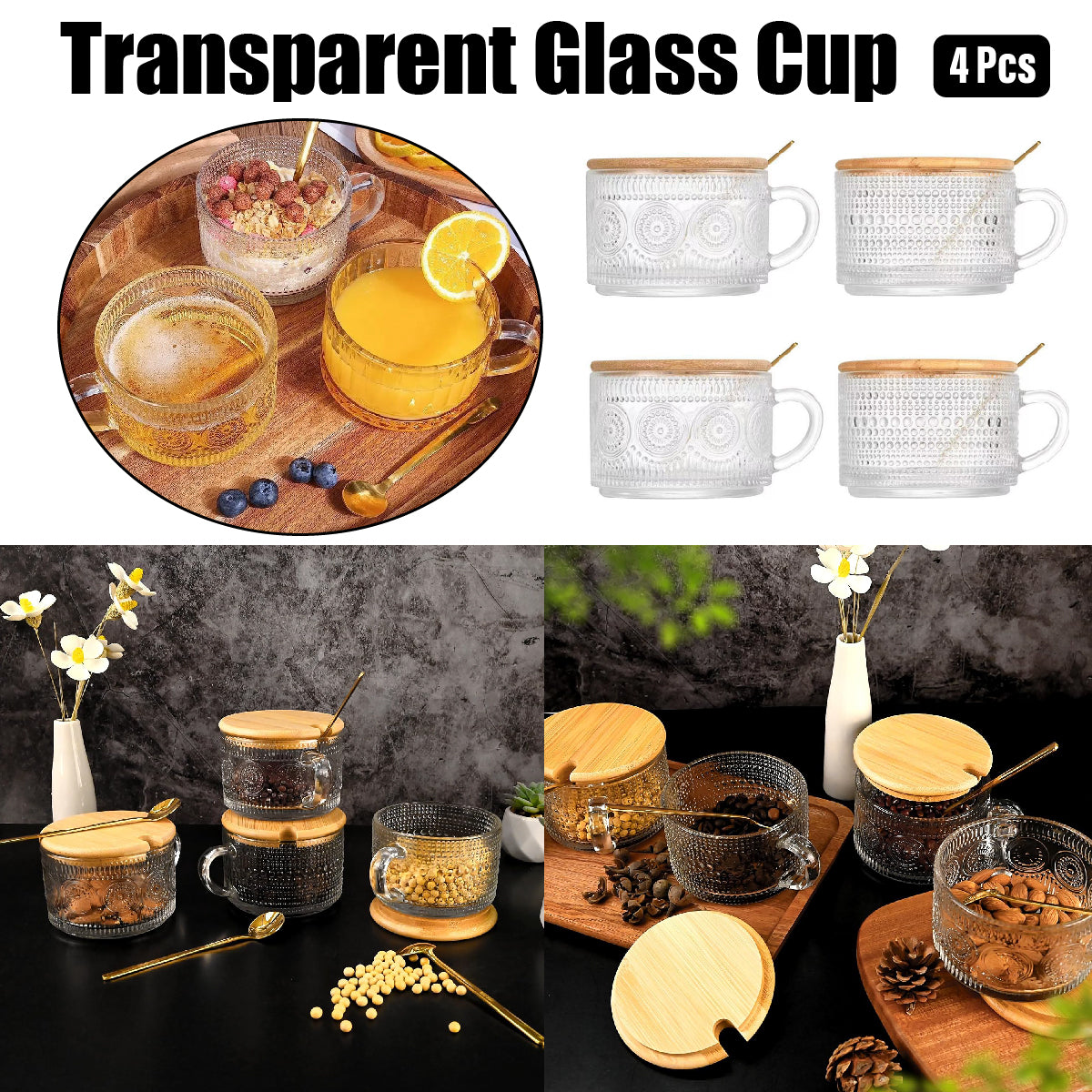 4pcs Embossed Glass Coffee Cups 14oz with Lids