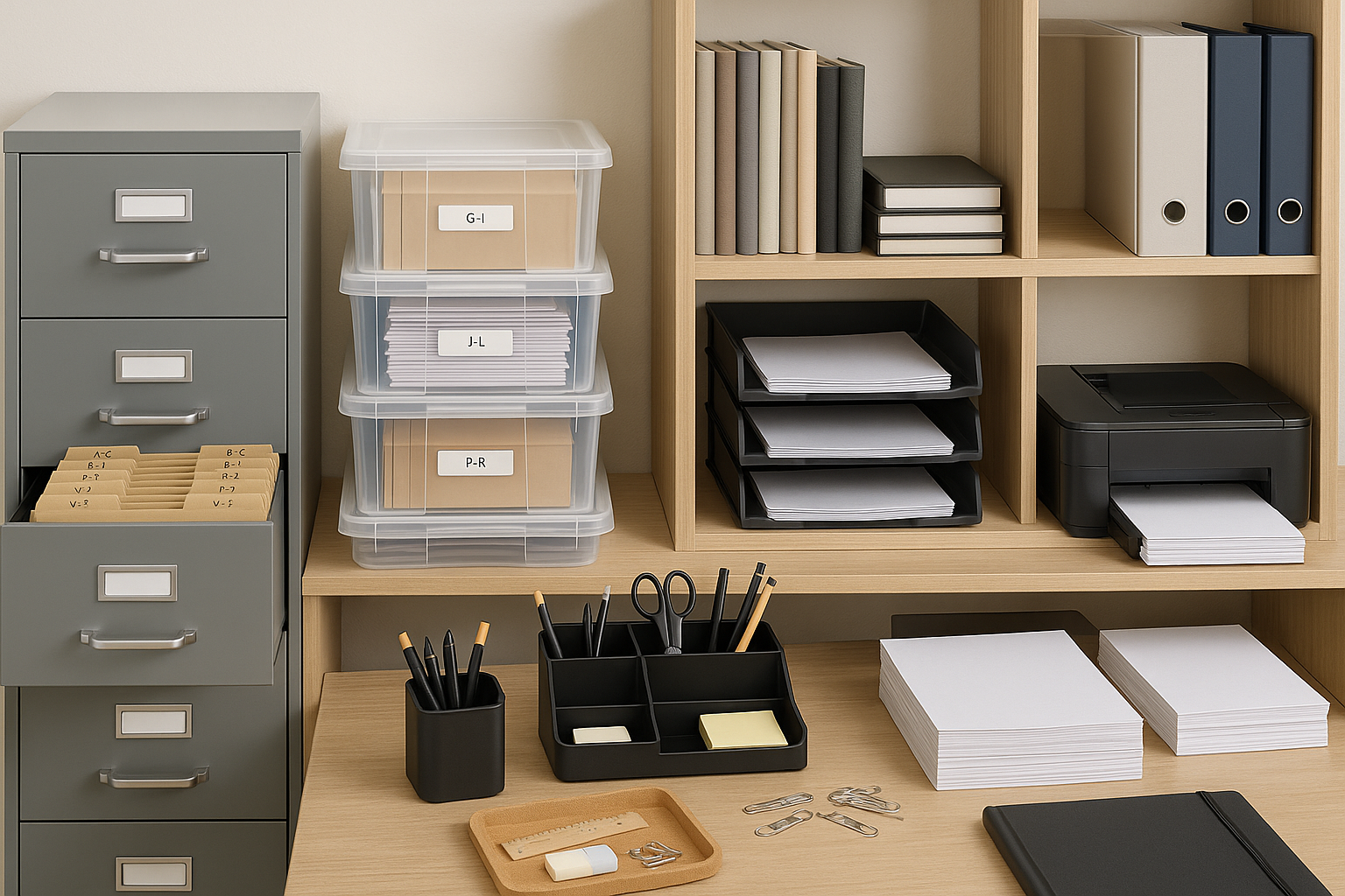 Desk storage set with file racks, drawers and folders