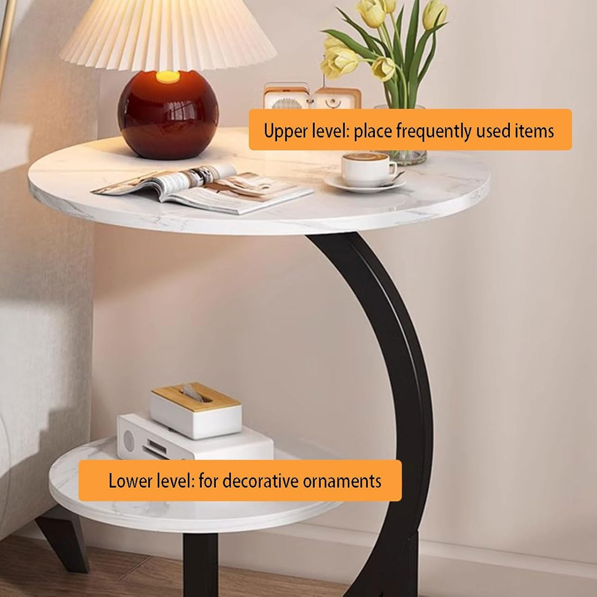 Mobile Round Side Table with Two Tier Storage